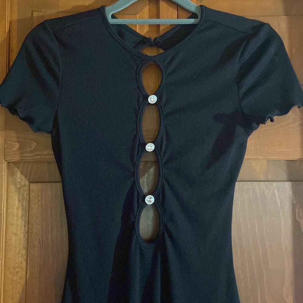 5/$40 Black Ribbed Backless XS Mini Dress~Peekaboo Front~Eyelet Opening-NWOT - Picture 7 of 7
